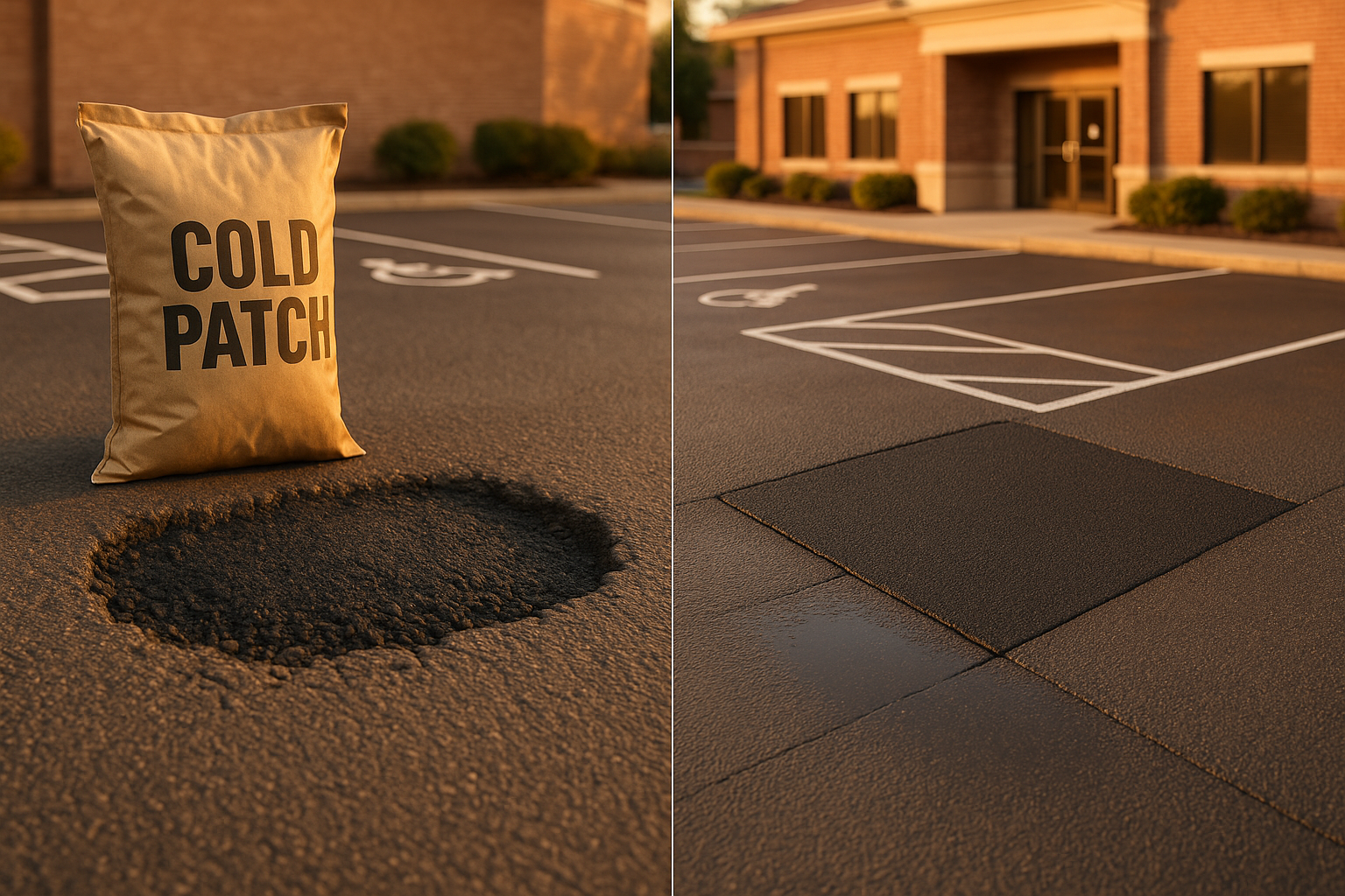 Golden-hour split view: cold-patch temporary fill beside bag vs saw-cut hot-mix patch with compaction, suburban medical lot.