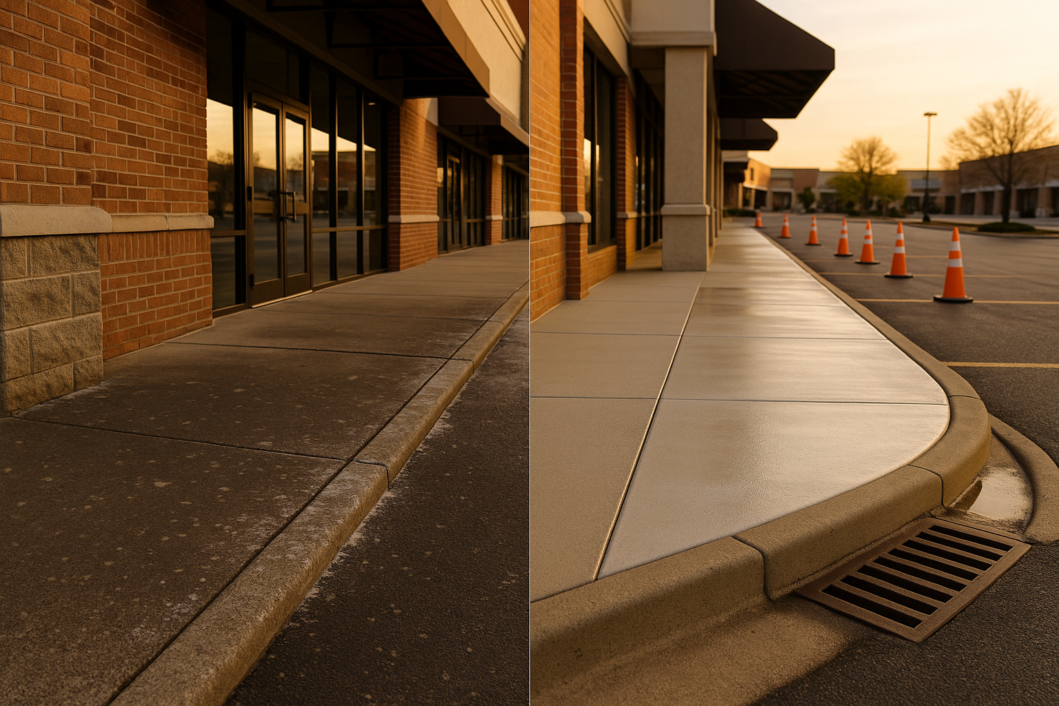 Castleton shopping-center sidewalk split before-and-after showing gum-crusted dark concrete vs freshly cleaned concrete at golden hour.
