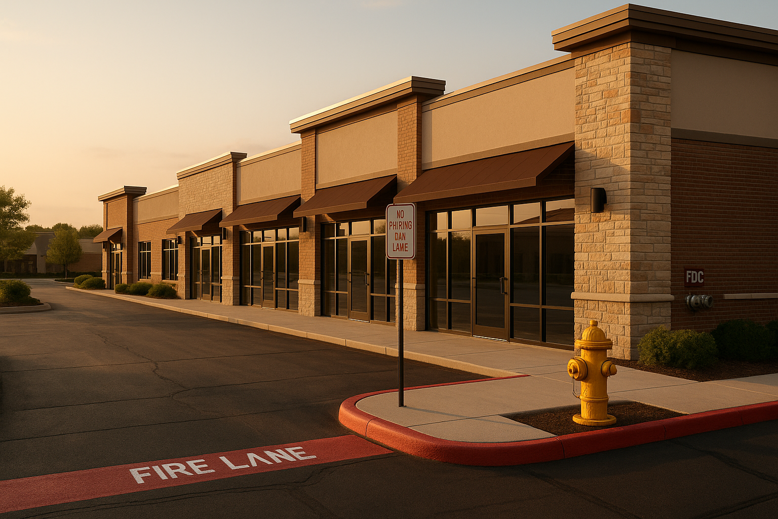 Wide golden-hour view of small Indianapolis-area retail plaza with clear 20-ft drive aisle, fresh 'FIRE LANE' curb, FDC and hydrant.