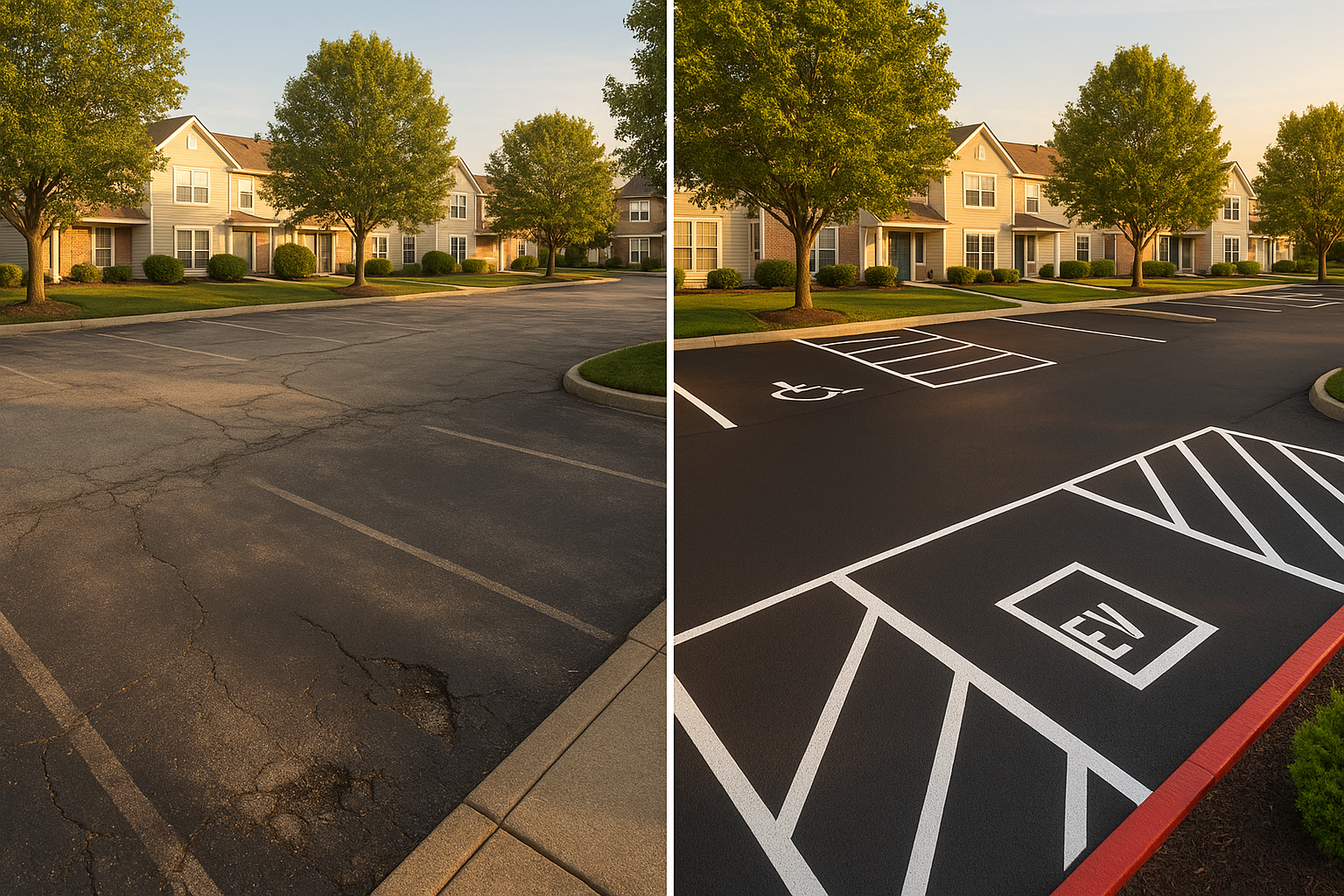 Wide-angle before-and-after condo lot: faded cracked asphalt left, freshly restriped right, warm golden hour light.