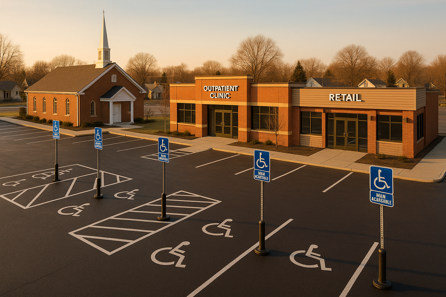 Aerial-angled Indianapolis lot with dispersed accessible stalls, ISA signs on polyurea posts, curb ramps, warm golden-hour light.