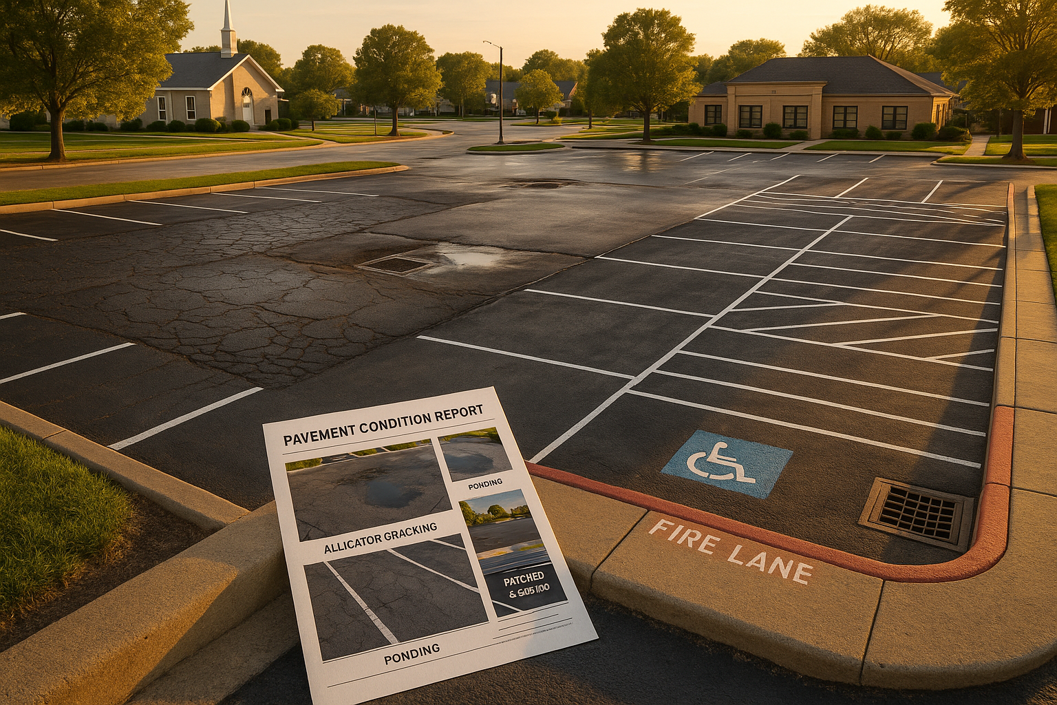 High-angle drone view of a zoned suburban parking lot, varied asphalt conditions, printed PCI-style report on curb, golden-hour light.