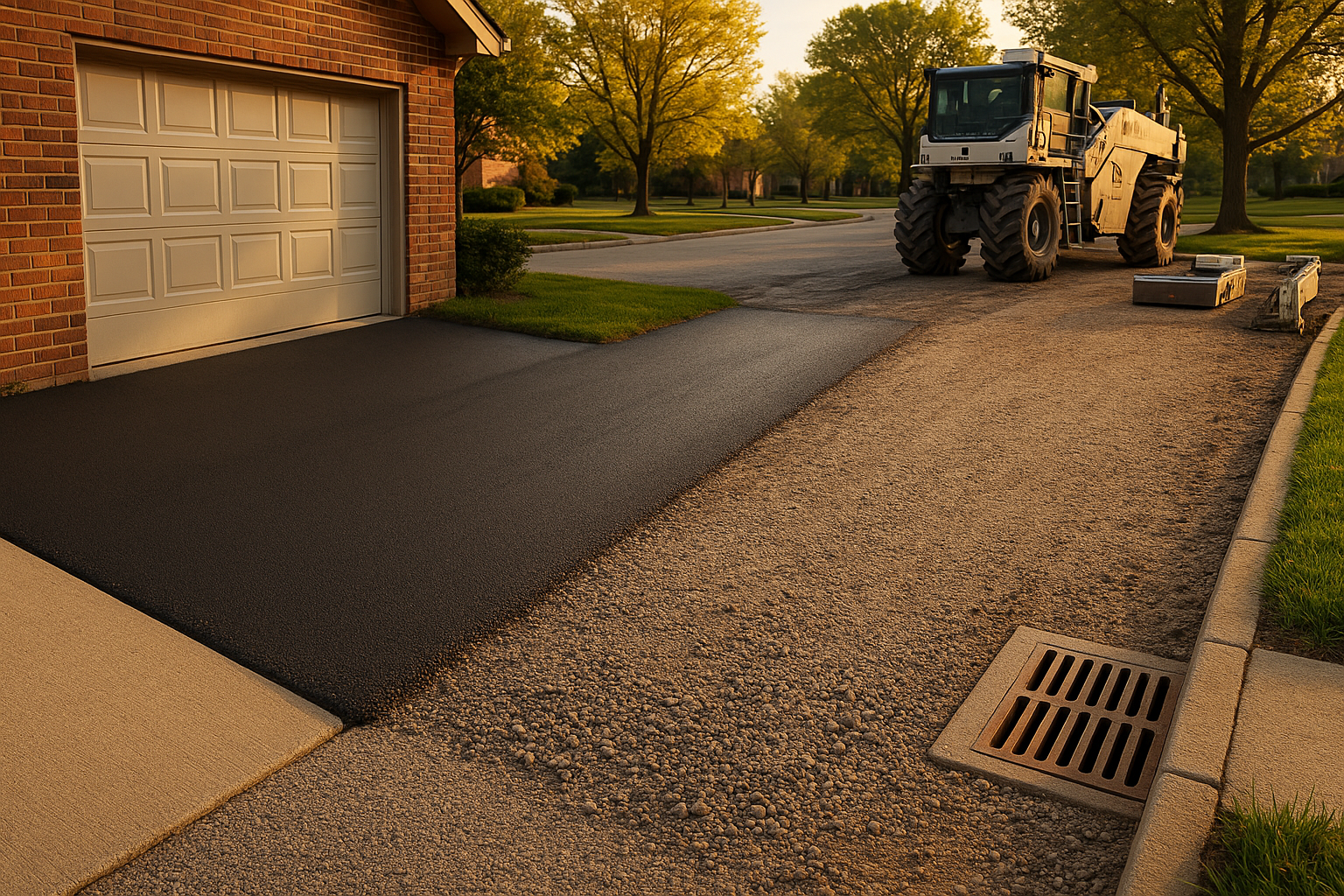 Split driveway: fresh overlay with roller marks vs FDR stabilized base, golden-hour, Indianapolis residential context.