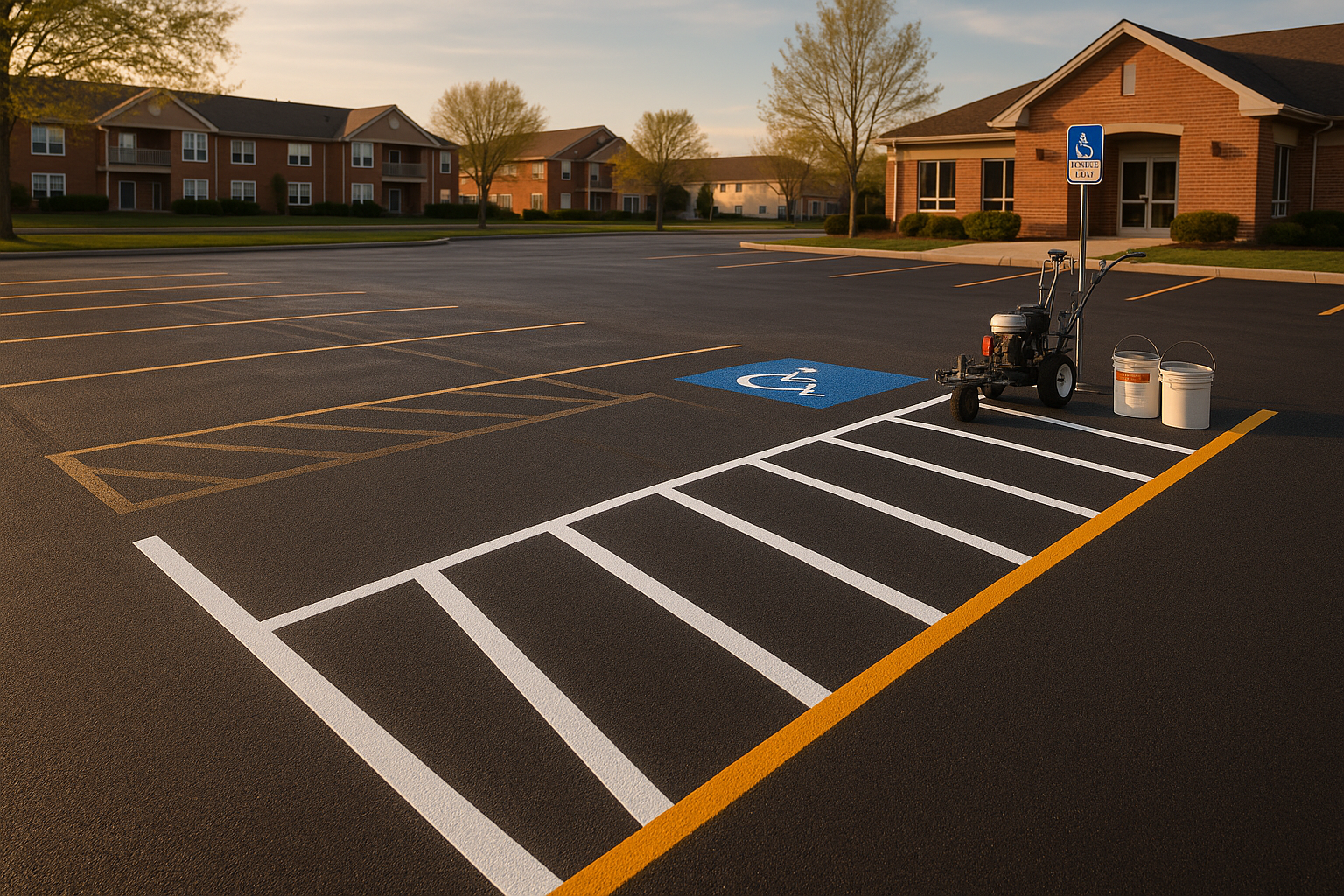 Wide suburban parking lot with fresh crisp restriping, adjacent faded ghost lines, ADA blue stencil, warm golden-hour light.