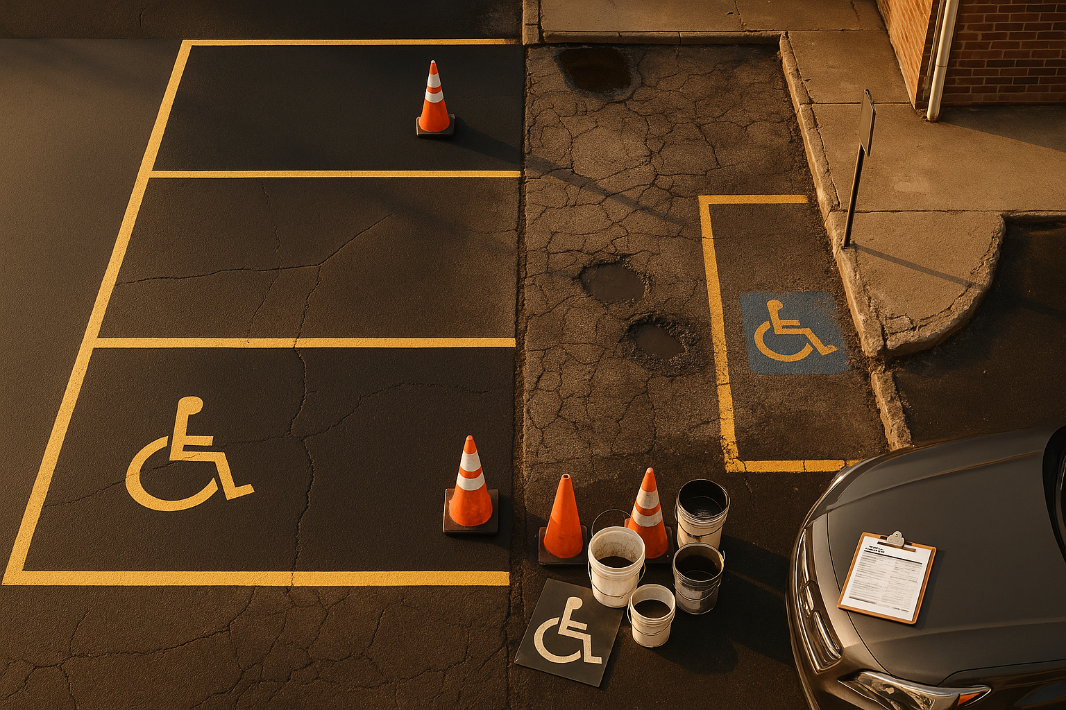 Top-down golden hour aerial of small Indianapolis medical parking lot showing fresh sealcoat beside faded asphalt, puddles, pothole, patches, cones.