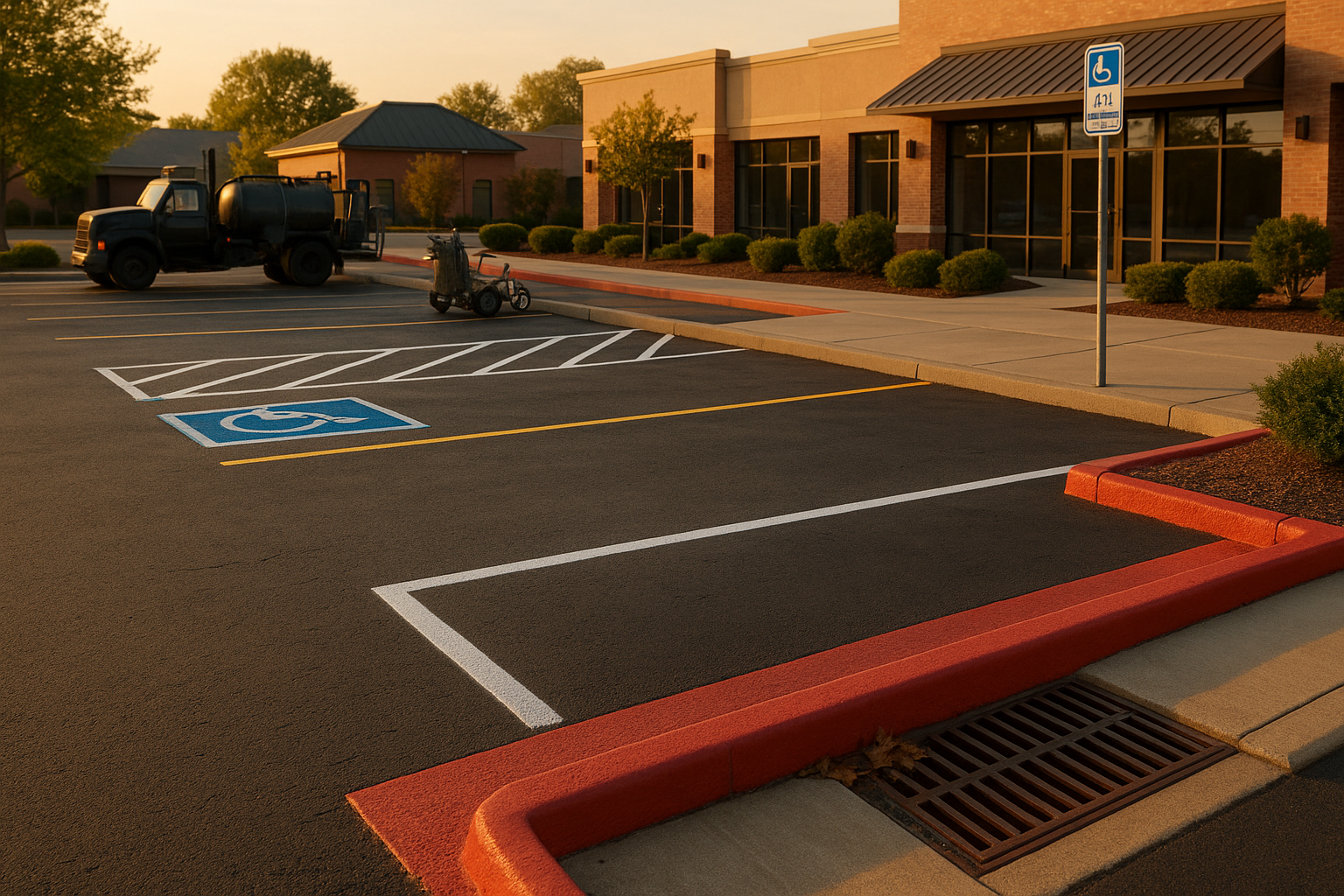 Golden-hour Greenwood-style retail parking lot, fresh stripes, red fire-lane curb, ADA stall, parked sealcoating truck, clean drain.