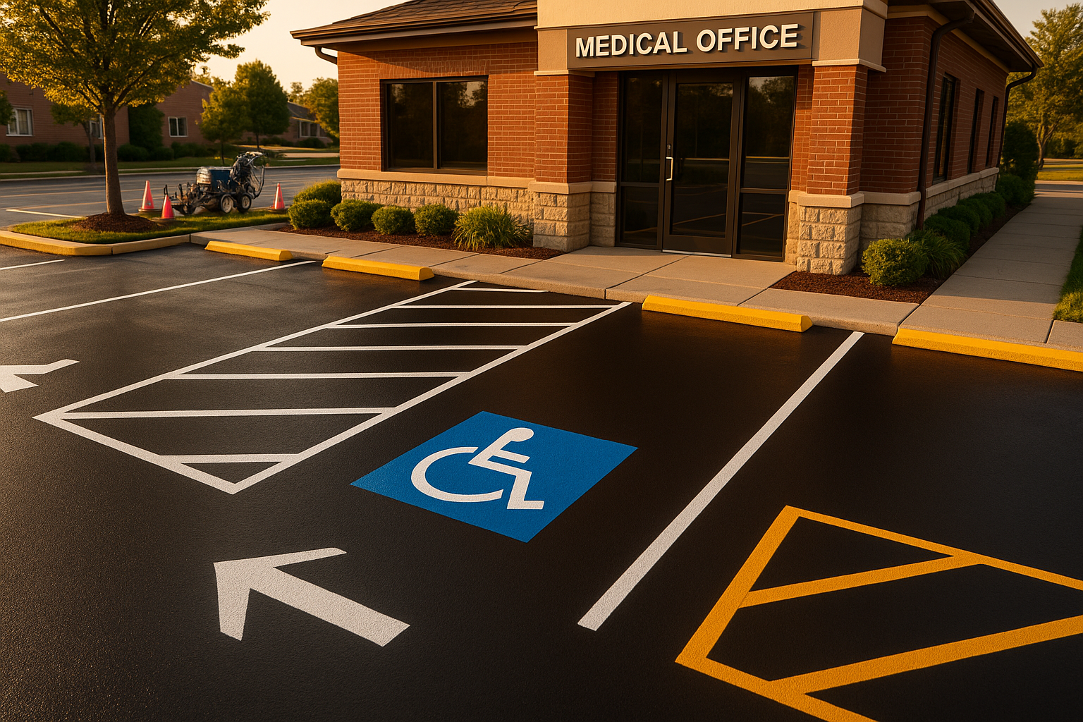 Angled small medical office parking lot with fresh white/yellow striping, blue ADA symbol, sealcoated asphalt at golden hour.