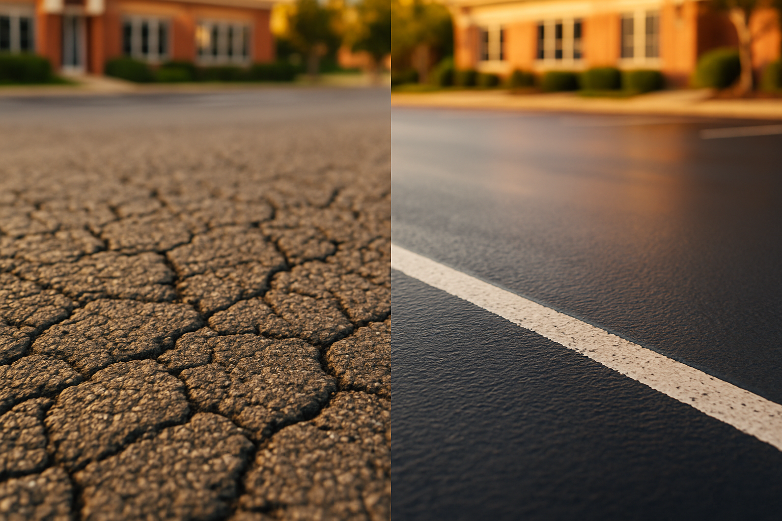 Split before-and-after parking lot: cracked asphalt left, new sealcoat sheen to matte right, golden-hour suburban setting.