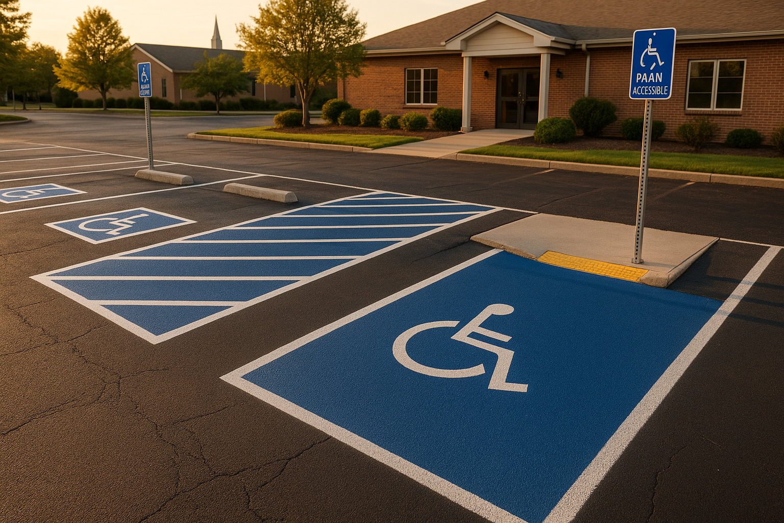 Golden-hour suburban lot with crisp blue ADA stalls, van-access aisle, curb ramp, sign post, tactile panels, and thermoplastic detail.