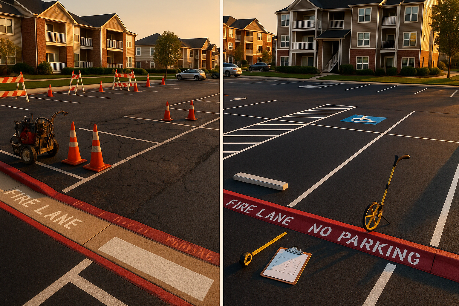 Wide-angle suburban parking lot at golden hour showing ADA stall, fire-lane curb, before/after sealcoat, tools and idle equipment.