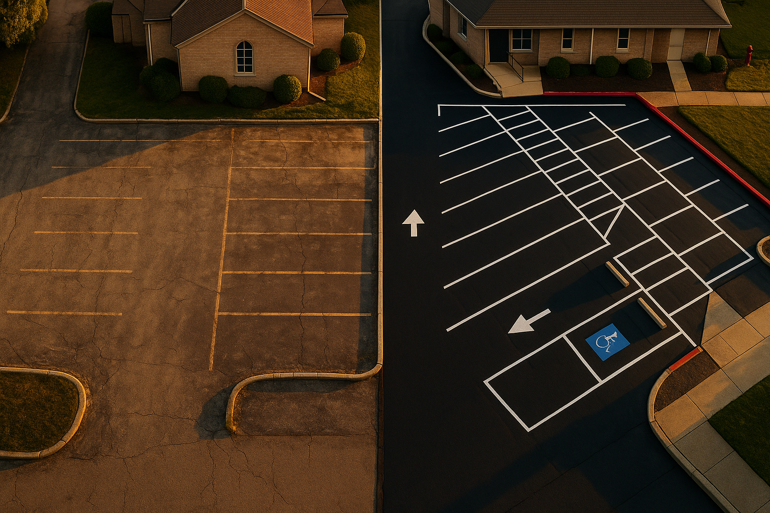 Overhead split view of church lot: faded pavement vs newly restriped sealcoat, crisp lines, ADA stall, fire lane, golden-hour lighting.