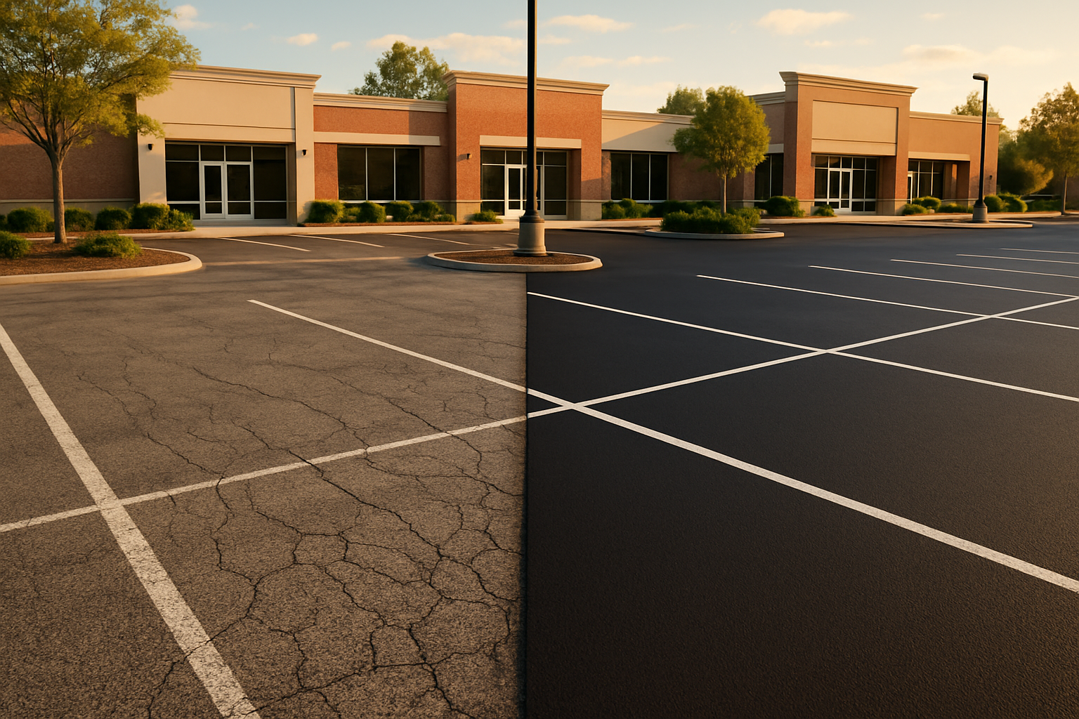 Wide-angle before-and-after parking lot: faded gray oxidized asphalt vs deep-black sealcoated half in warm golden-hour light.