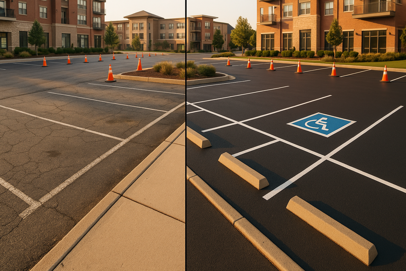 Split-frame parking lot: left faded cracked asphalt, right dark sealcoat with fresh striping, golden hour suburban setting.