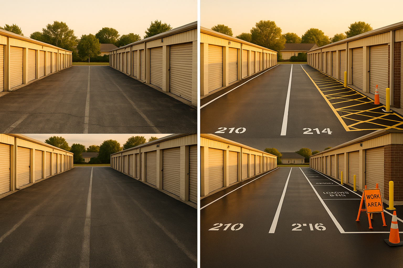 Side-by-side before/after of the same storage drive aisle showing faded left and freshly striped right, golden hour lighting.