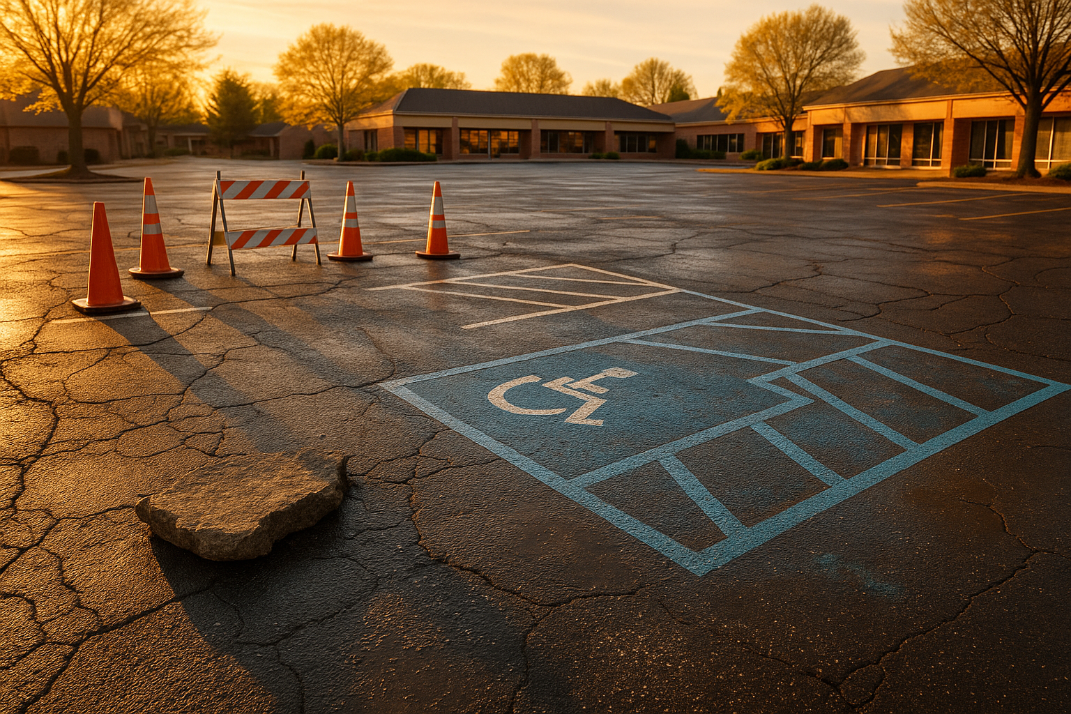 Golden-hour neighborhood parking lot with cracked asphalt, broken pavement by a faded blue ADA stall, cones, suburban storefronts, warm light.