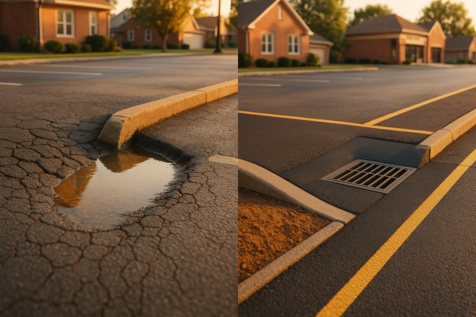 Split view: ponded damaged low spot left vs repaired slope to catch basin right, fresh asphalt, warm golden-hour light.