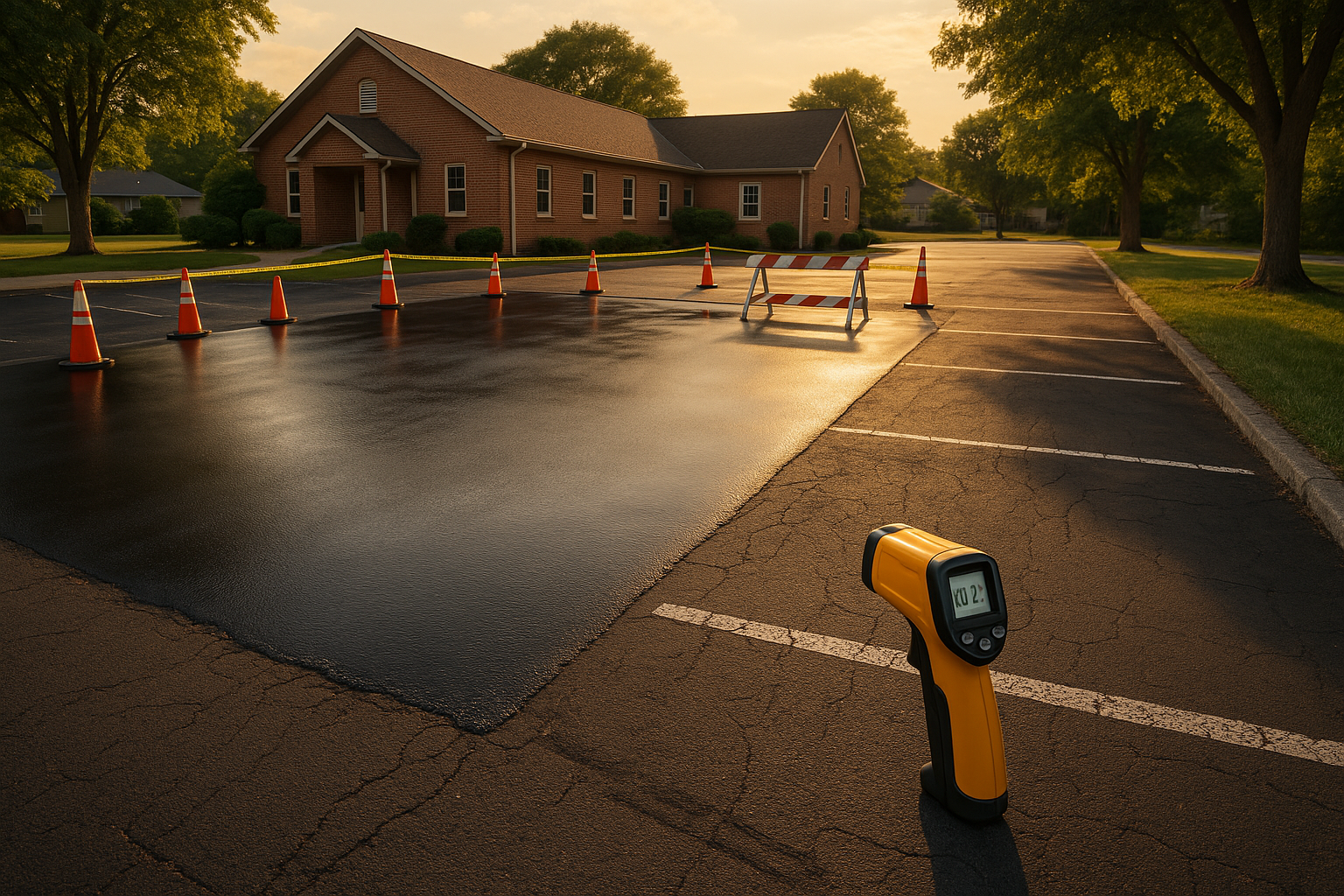 Wide golden-hour view of a glossy-sealcoated suburban parking lot, half-blocked with cones, sunlit center and shaded edges, visible temp gun on asphalt.