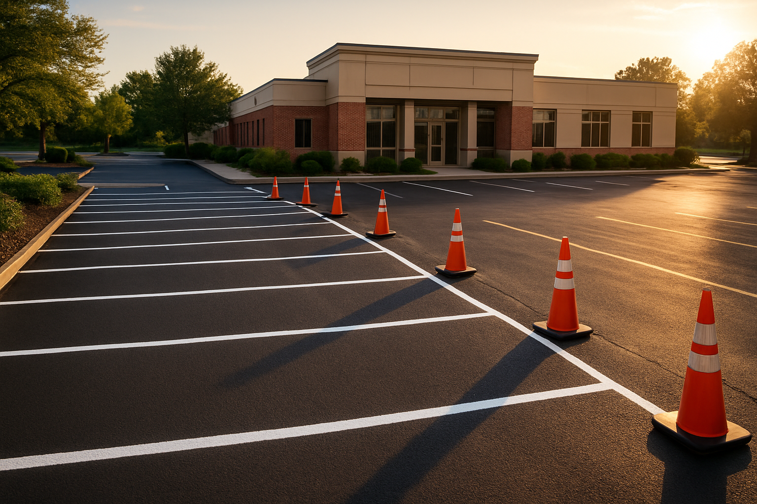 Golden-hour suburban parking lot, half restriped with cones, fresh high-contrast lines and visible glass beads.