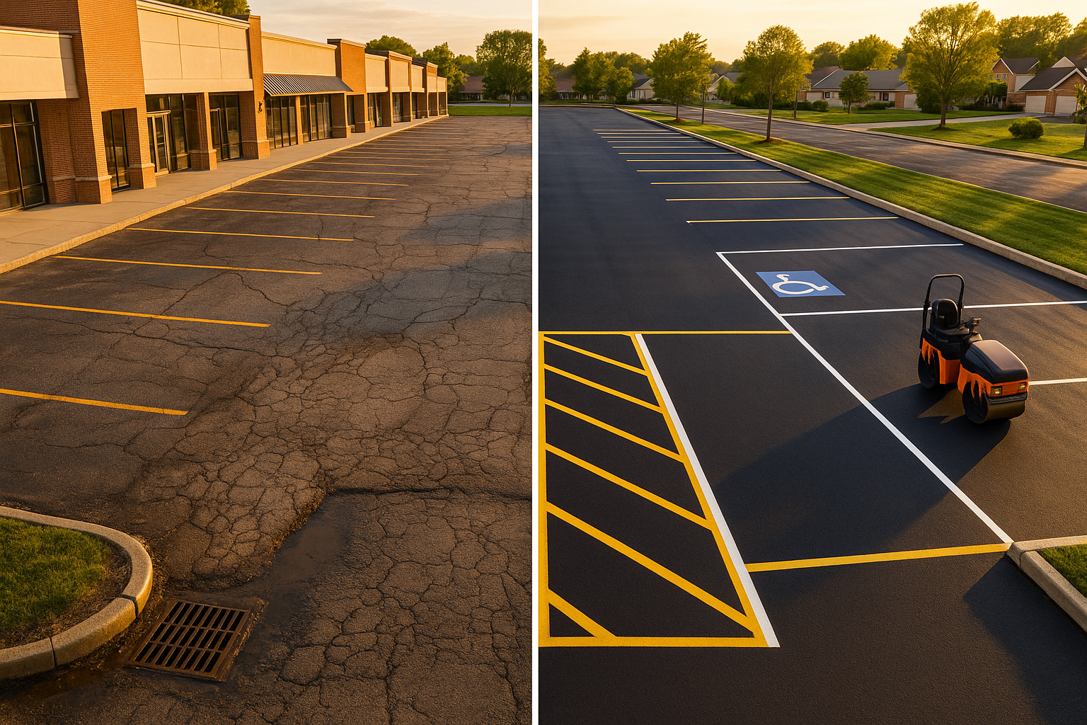 Golden-hour aerial of an Indy strip-center lot showing neglected cracked left side and freshly sealcoated striped right side.