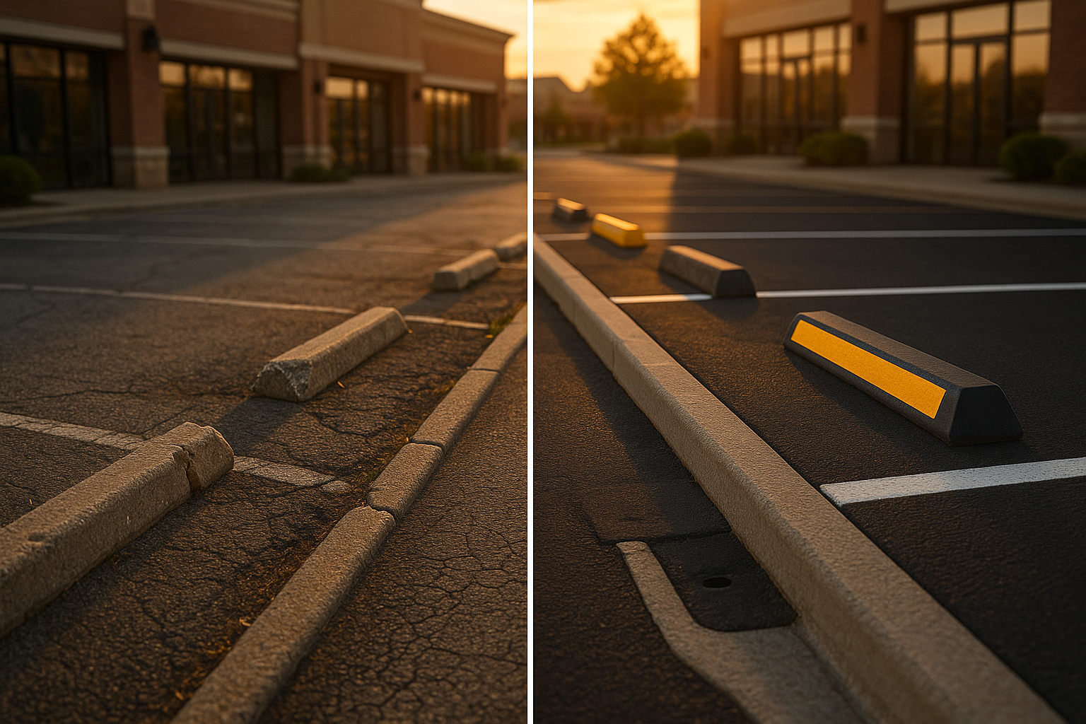 Before-and-after suburban lot: cracked concrete stops vs new concrete, rubber, recycled plastic stops, fresh patching and crisp striping.