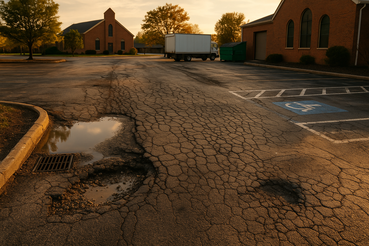 Wide suburban parking lot at golden hour with potholes, alligator cracking, ponding near catch basin, rutting and parked delivery truck.